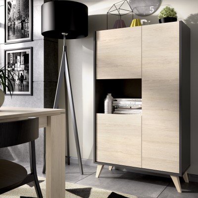 Mueble Alto de salón Oslo acabado Grafito / Roble Natural de 81x43x135 cm