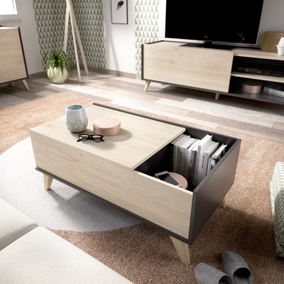 Mesa de Centro Elevable Oslo Acabado Grafito / Roble Natural de 100X60 cm