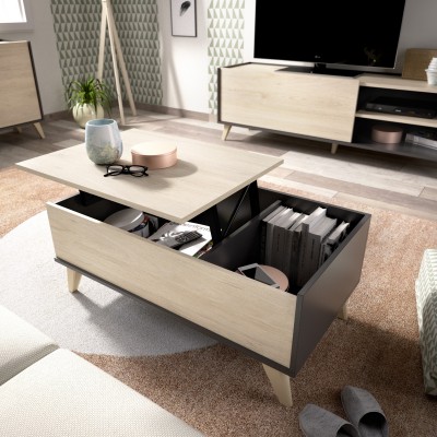 Mesa de Centro Elevable Oslo Acabado Grafito / Roble Natural de 100X60 cm