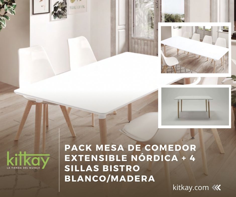 Pack 4 sillas NÓRDICA, silla comedor salón, patas en madera, color Blanco