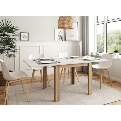 Mesa de comedor Kata tipo libro de 90x90 cm Blanco Polar / Roble Extensible a 180 cm